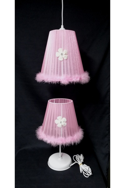 TEKAY AYDINLATMA Kız Çocuk Odası Bebek Odası Pembe Tüylü Papatya Peluş Avize Abajur Seti
