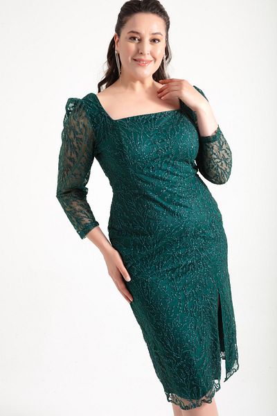 Lafaba Women's Emerald Green Square Collar Glitter Plus Size Midi Evening Dress