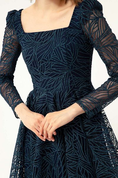 Lafaba Women's Navy Blue Square Neck Silvery Evening Dress
