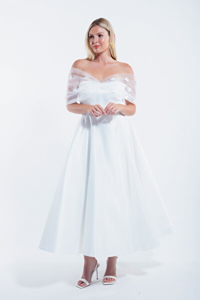 Lafaba White Midi Design - Boat Neck Women's Evening Dress