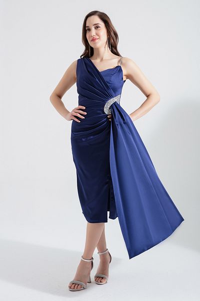 Lafaba Women's Navy Blue One Shoulder Jewelled Midi Evening Dress