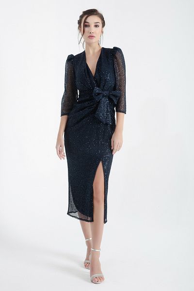 Lafaba Women's Navy Blue Double Breasted Collar Slit Midi Evening Dress