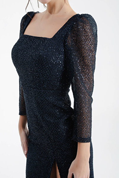 Lafaba Dámské večerní šaty Midi s čtvercovým límcem v tmavě modré barvě