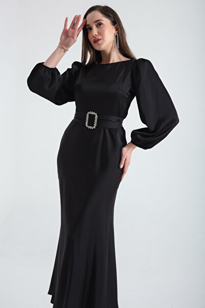 Lafaba Dámské černé saténové midi šaty s páskem