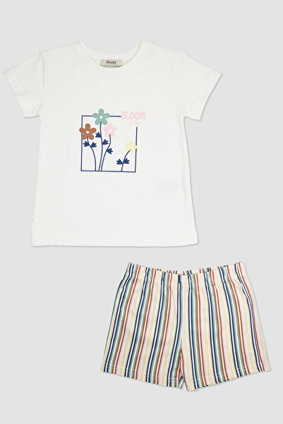 Panço Kız Çocuk Çizgi Desenli Ekru Pijama Takımı