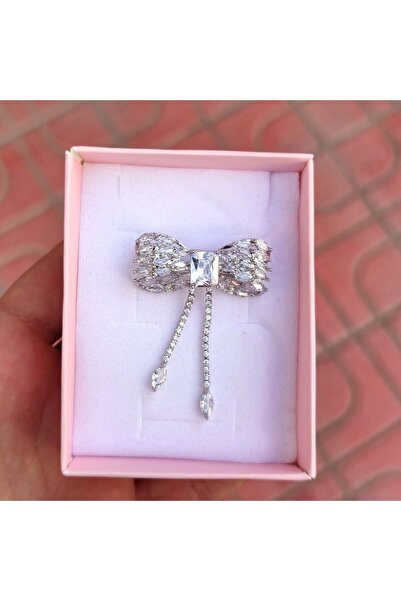 Güler Yüzlü Silver BAGET TAŞLI FİYONK BROŞ 3,5 CM - BEYAZ