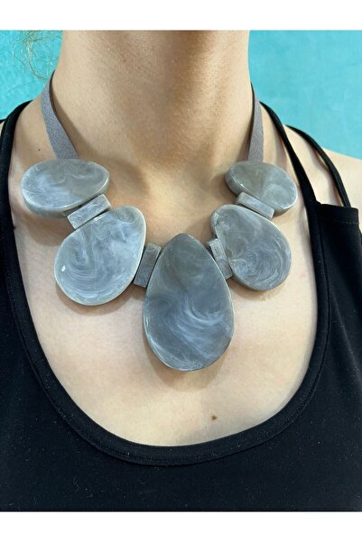 Gönülden Tasarım Kemik Deri Kayışlı Gri Akıtma Kadın Kolye 17 Cm