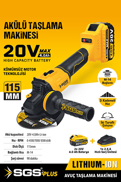 SGS PLUS SGS5510 PROFESYONEL 115MM AKÜLÜ ŞARJLI AVUÇ TAŞLAMA MAKİNASI KÖMÜRSÜ...