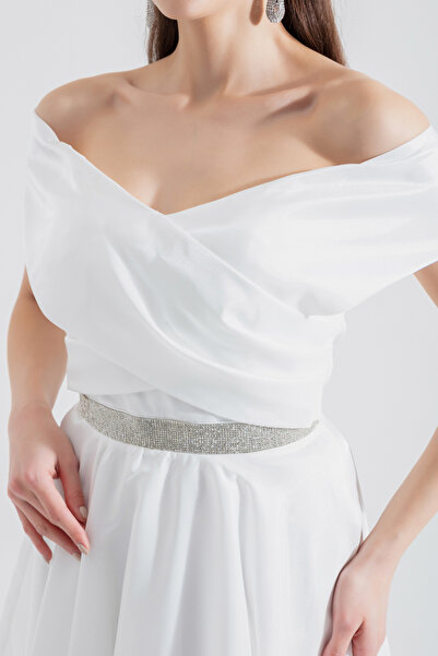 Lafaba Women's White Boat Neck Stripe Jewelled Midi Evening Dress