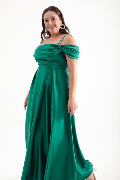 Lafaba Green Stone Detailed Draped Plus Size Long Women's Evening Dress
