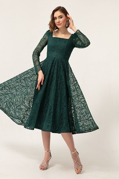 Lafaba Smaragdgrünes, silbriges Abendkleid mit quadratischem Ausschnitt für Damen