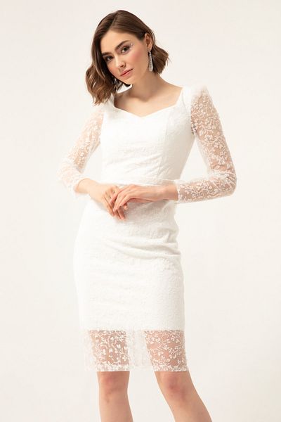 Lafaba Weißes Midi-Abendkleid für Damen mit quadratischem Ausschnitt und Gürtel
