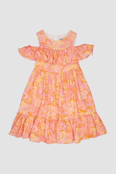 Panço Kız Çocuk Fırfır Detaylı Desenli Pembe Elbise