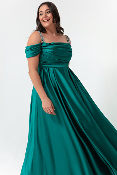 Lafaba Women's Emerald Green Stone Strap Draped Plus Size Long Evening Dress