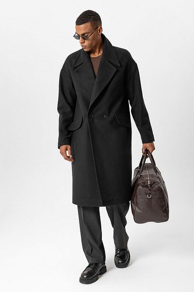 Antioch Black Wool Blended Double Breasted Closure Men's Coat