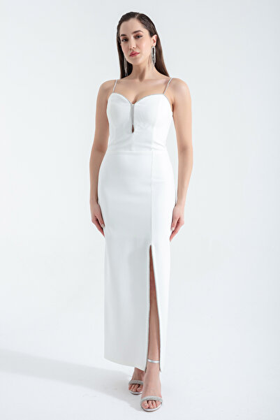 Lafaba Weißes Midi-Abendkleid für Damen mit Schlitz und Steinriemen