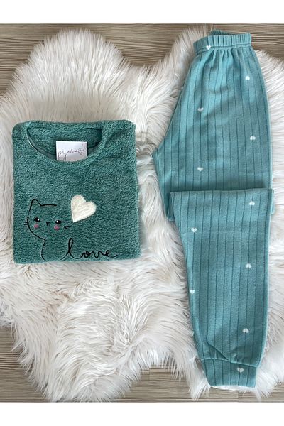 Pijamacs Set de pijamale din lână cu model de pisică verde și inimă