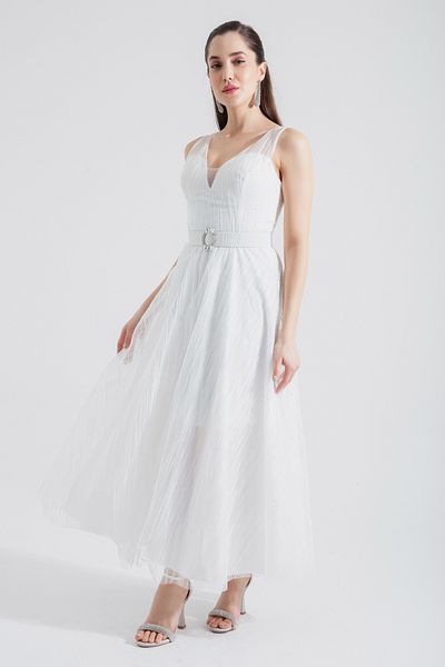 Lafaba Women's White V-Neck Glitter Midi Evening Dress