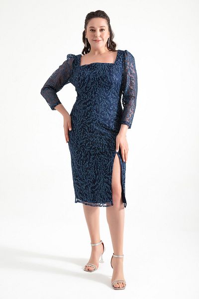 Lafaba Women's Navy Blue Square Collar Glitter Plus Size Midi Evening Dress