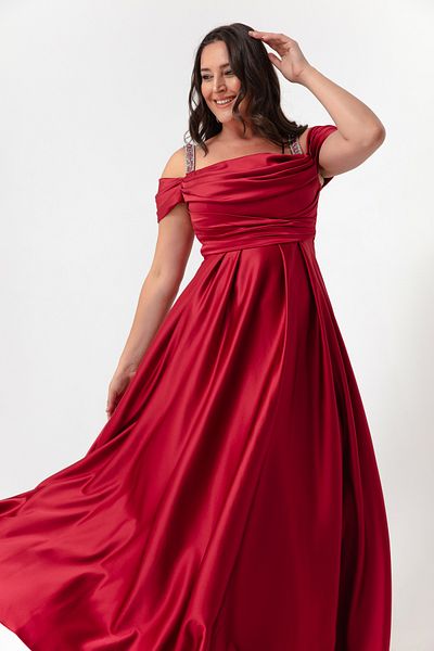 Lafaba Women's Burgundy Stone Strap Draped Plus Size Long Evening Dress