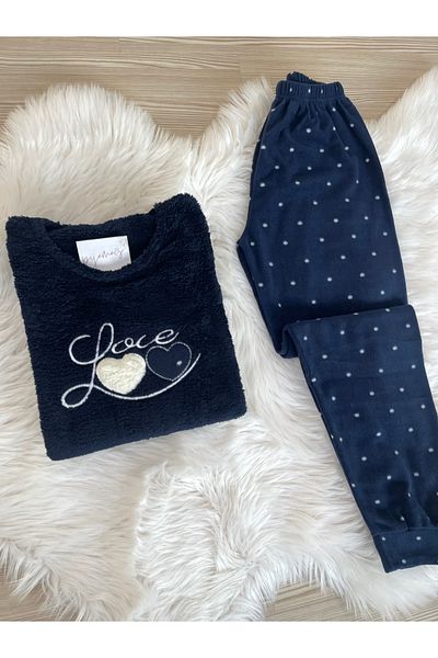 Pijamacs Sötétkék szív mintás polár pizsama szett