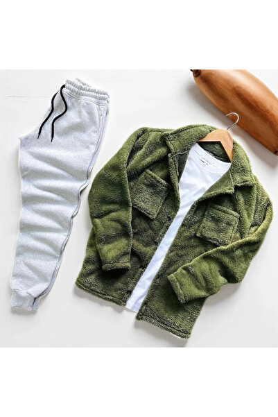 oneoff Unisex Khaki Plush Fleece Cardigan Shirt Gray Sweatpants (T-Shirt Not ...