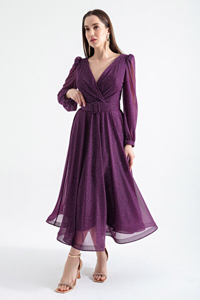 Lafaba Kadın Mürdüm Kruvaze Yaka Kemerli Simli Midi Abiye Elbise