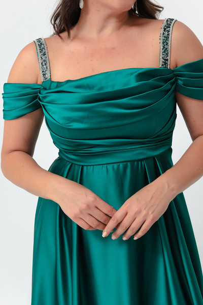 Lafaba Women's Emerald Green Stone Strap Draped Plus Size Long Evening Dress