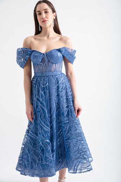 Lafaba Women's Indigo Boat Neck Glitter Midi Evening Dress