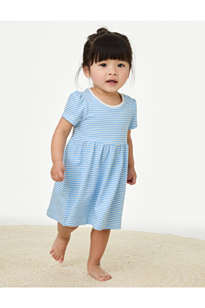 Marks & Spencer Saf Pamuklu Çizgili Kısa Kollu Elbise (0-3 Yaş)