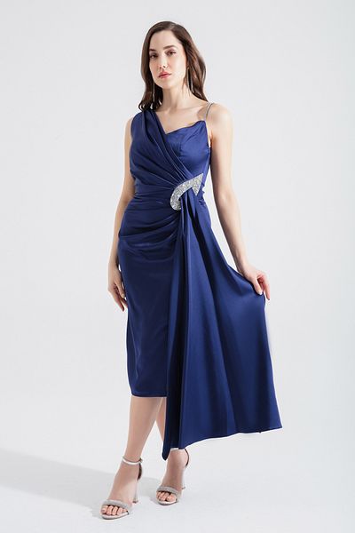 Lafaba Women's Navy Blue One Shoulder Jewelled Midi Evening Dress
