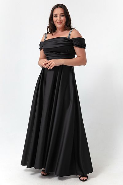 Lafaba Women's Black Stone Strap Draped Plus Size Long Evening Dress