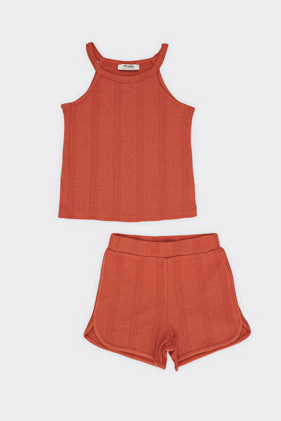 Panço Kız Çocuk Dokulu Örme Kiremit Triko Takım