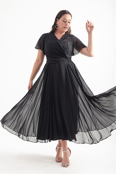 Lafaba Plus Size Black Glittered Double-Neck Long Evening Dress