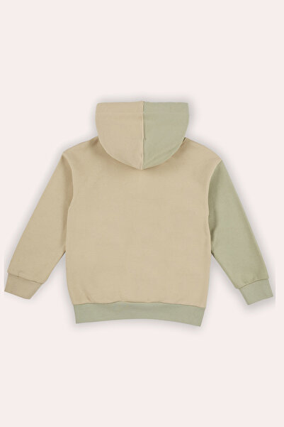 Panço Boy's Contrast Piece Hooded Beige Sweatshirt