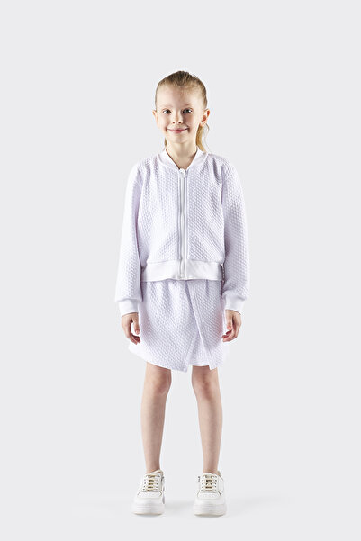 Panço Kız Çocuk Dokulu Fermuarlı Beyaz Sweatshirt