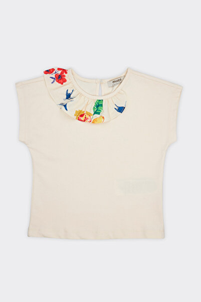 Panço Kız Çocuk Fırfır Detaylı Bej Tişört