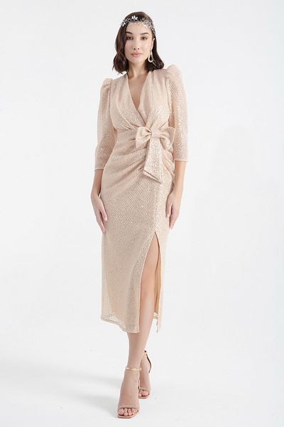 Lafaba Women's Beige Double Breasted Collar Slit Midi Evening Dress
