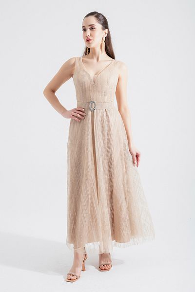 Lafaba Women's Beige V-Neck Glitter Midi Evening Dress