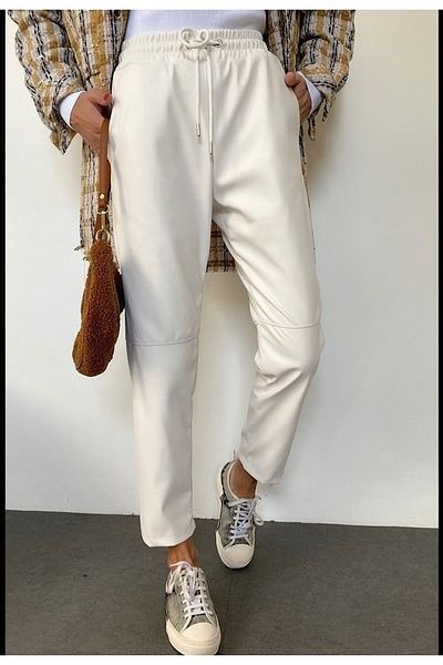 OXEDCO Waist Lace Knee Seam Detail Leather Trousers
