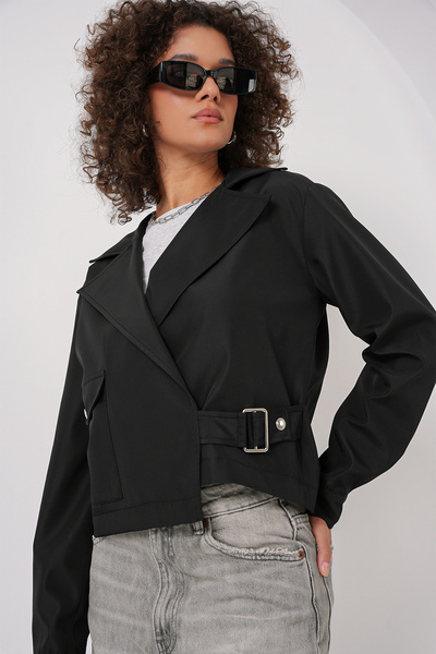 Bigdart 0712 Kruvaze Yaka Kısa Trençkot - Siyah