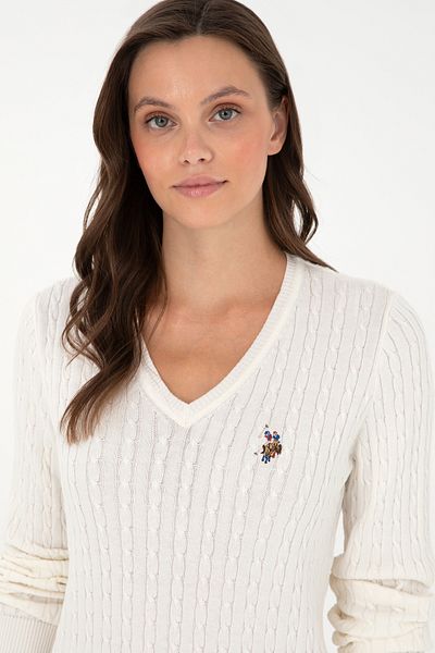 U.S. Polo Assn. Pulover de damă Ecru Basic cu decolteu în V 50288992 -VR019