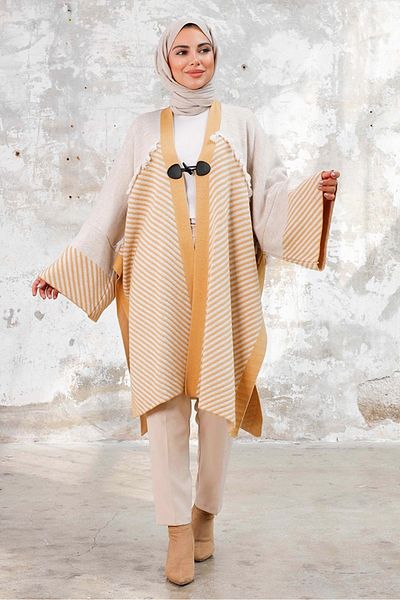 Bestenur Oversize Tasseled Knitwear Poncho 1239 - Stone