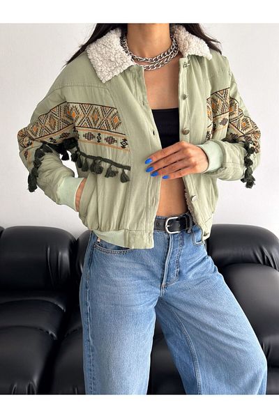 Chip Palton de damă cu blană cu model etnic
