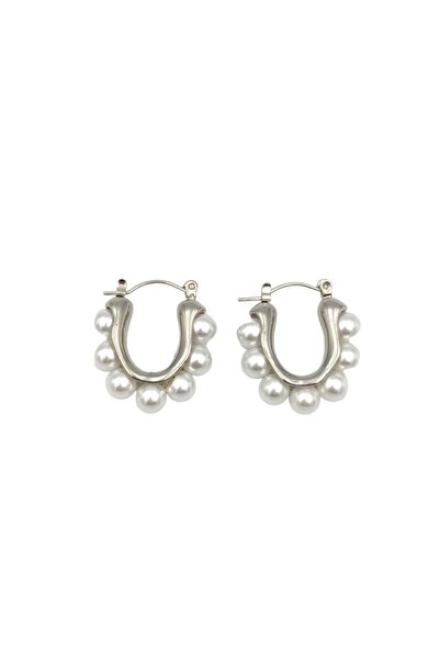 Güler Yüzlü Silver Steel Pearl Detailed Oval Hoop Earrings