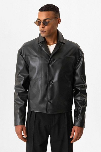 Antioch Black Faux Leather Crop Fit Men's Coat