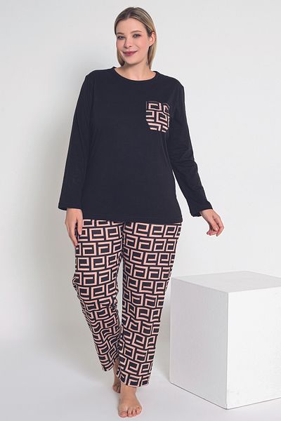 MyBen Black Labyrinth Patterned Women's Pajama Set - Long Sleeve B-42