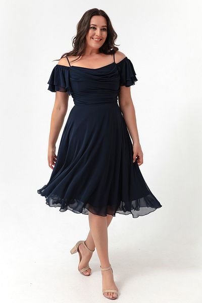 Lafaba Marineblaues, ausgestelltes Midi-Abendkleid für Damen in Übergröße mit Trägern