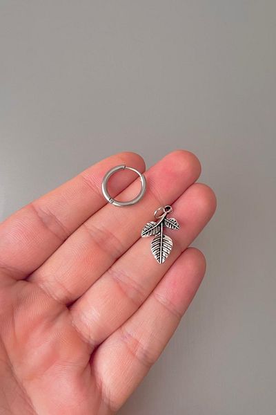 Jaida Moda Unisex Silver Leaf Figured Dangle Steel Hoop Earrings
