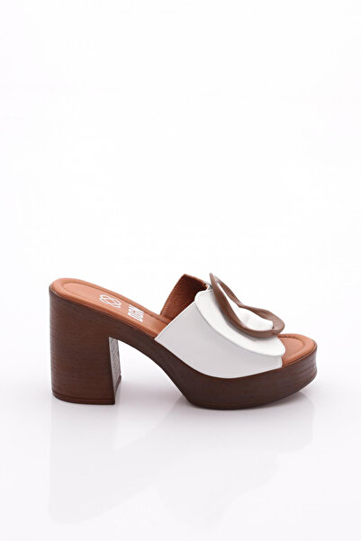 DGN Kadın Topuklu Terlik Beyaz Hakiki Deri 314103992